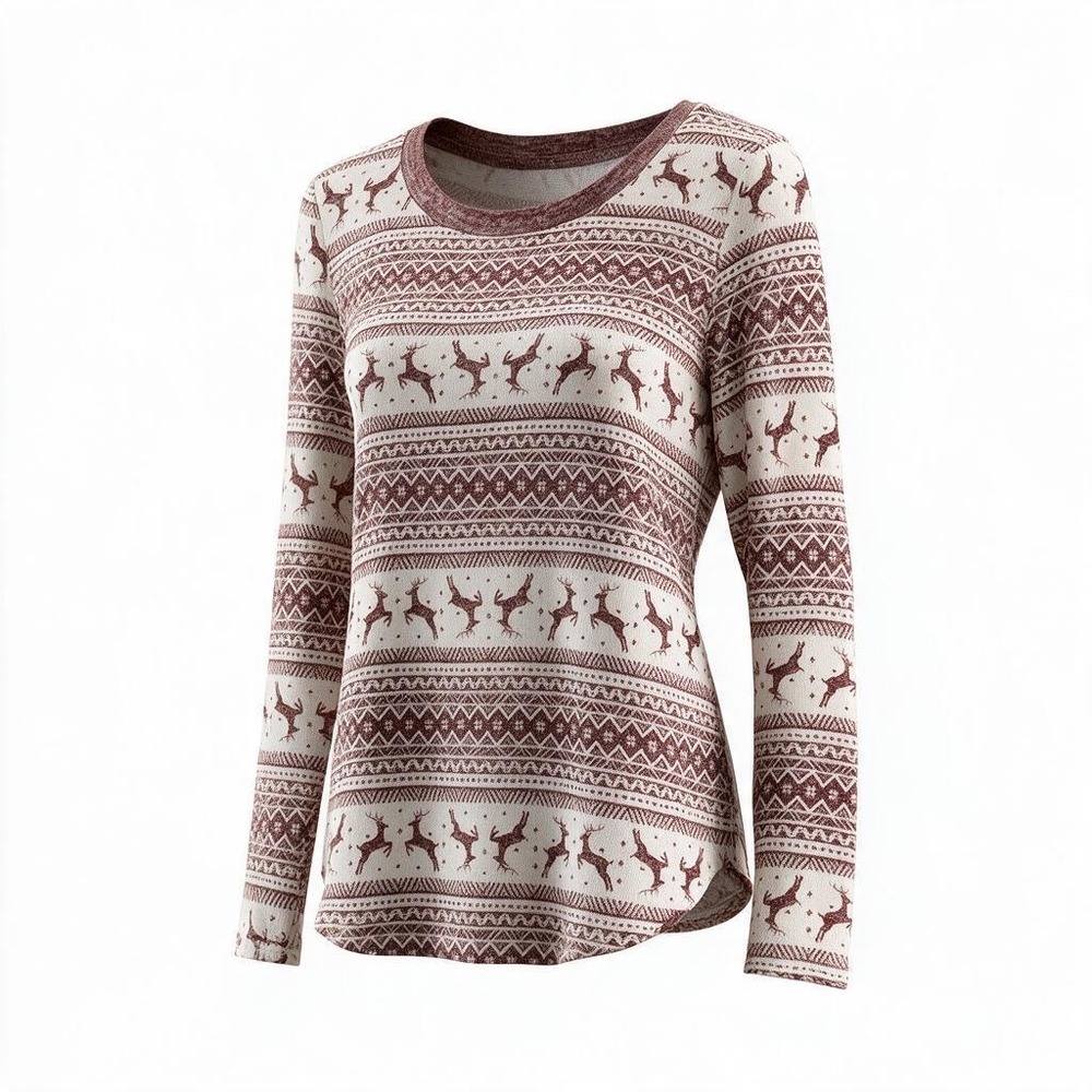 WallFlower Fair Isle Reindeer Top Burgundy XL Long Sleeve Waffle Knit